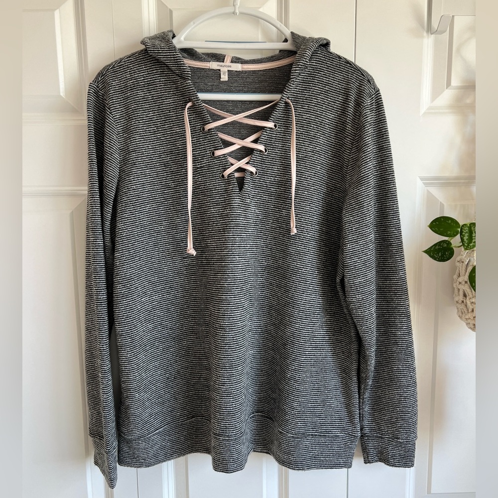 Maurices Black/White Striped Hoodie w/ Front Lace up